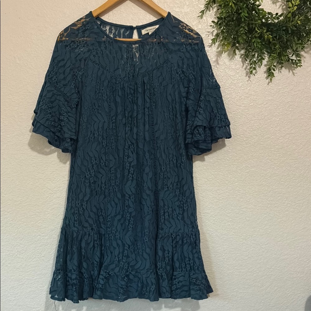 Francesca's Collections Teal Blue Ruffled Tiered Bell Sleeve Dress Size Small